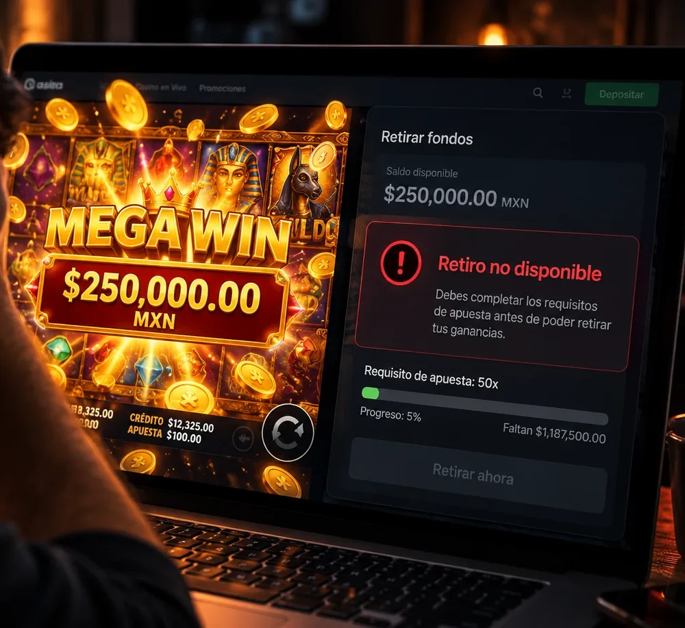 Un mega premio de $250,000 MXN en pantalla junto a un retiro bloqueado: requisito de apuesta 50x, 5% completado