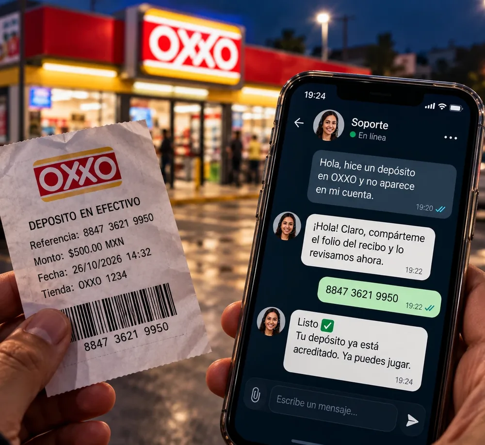 Un recibo de depósito en efectivo de OXXO junto a un chat en el celular donde soporte en español confirma el depósito