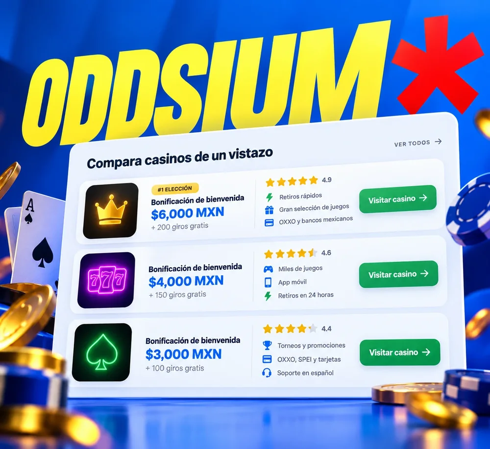 Ilustración del comparador de casinos de Oddsium: tres casinos lado a lado con bonos de bienvenida, calificaciones y métodos de pago